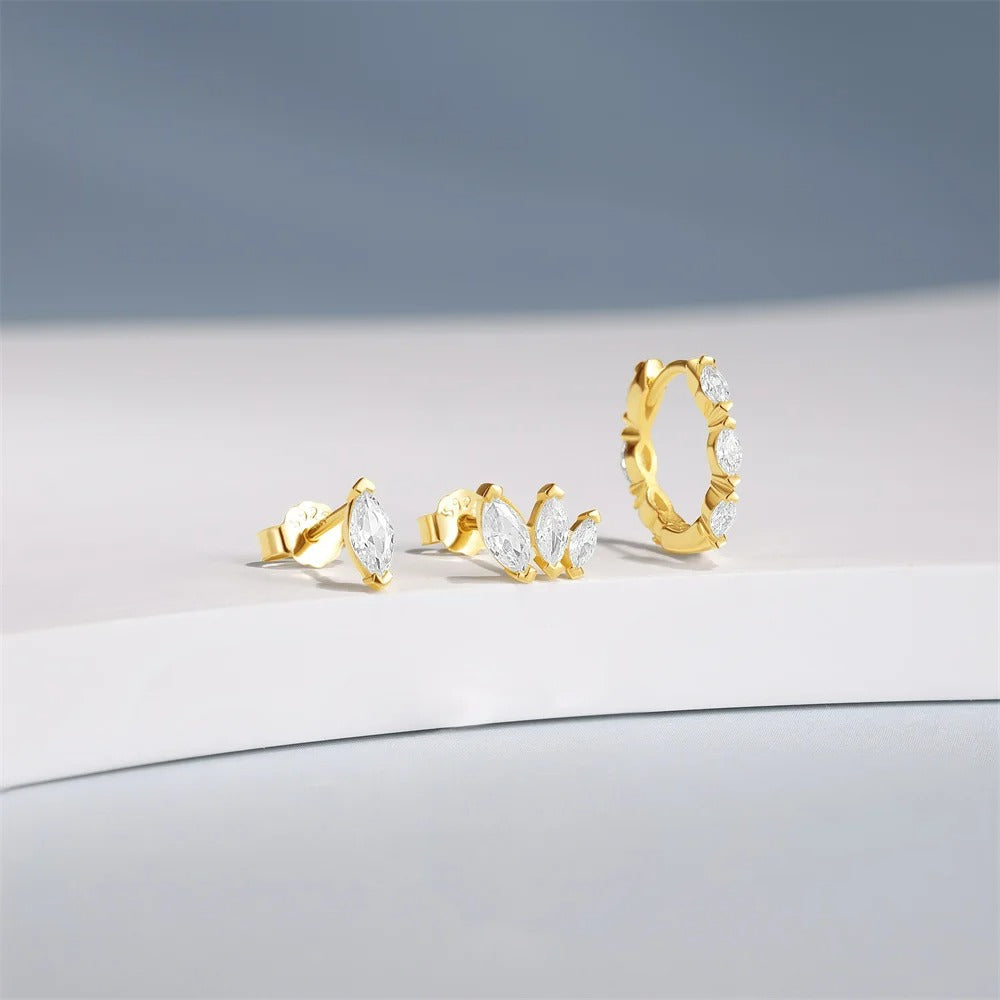 Boucle D'oreille 3 Trous Zircon Navette Blanc