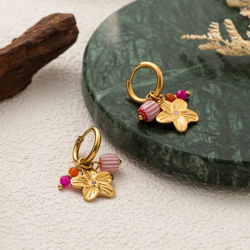 Boucle D'oreille Acier Inoxydable Pendante Pierres et Feuilles