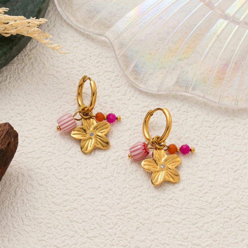 Boucle D'oreille Acier Inoxydable Pendante Pierres et Feuilles