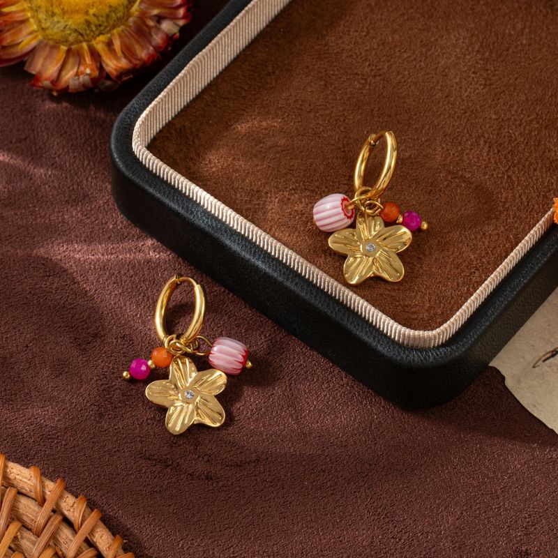 Boucle D'oreille Acier Inoxydable Pendante Pierres et Feuilles