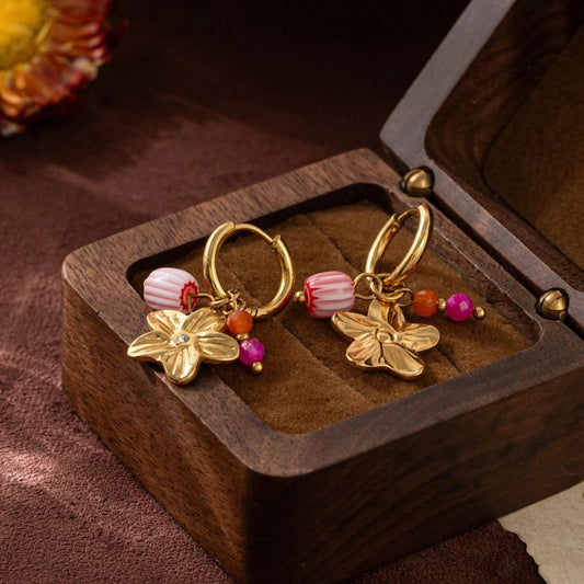 Boucle D'oreille Acier Inoxydable Pendante Pierres et Feuilles