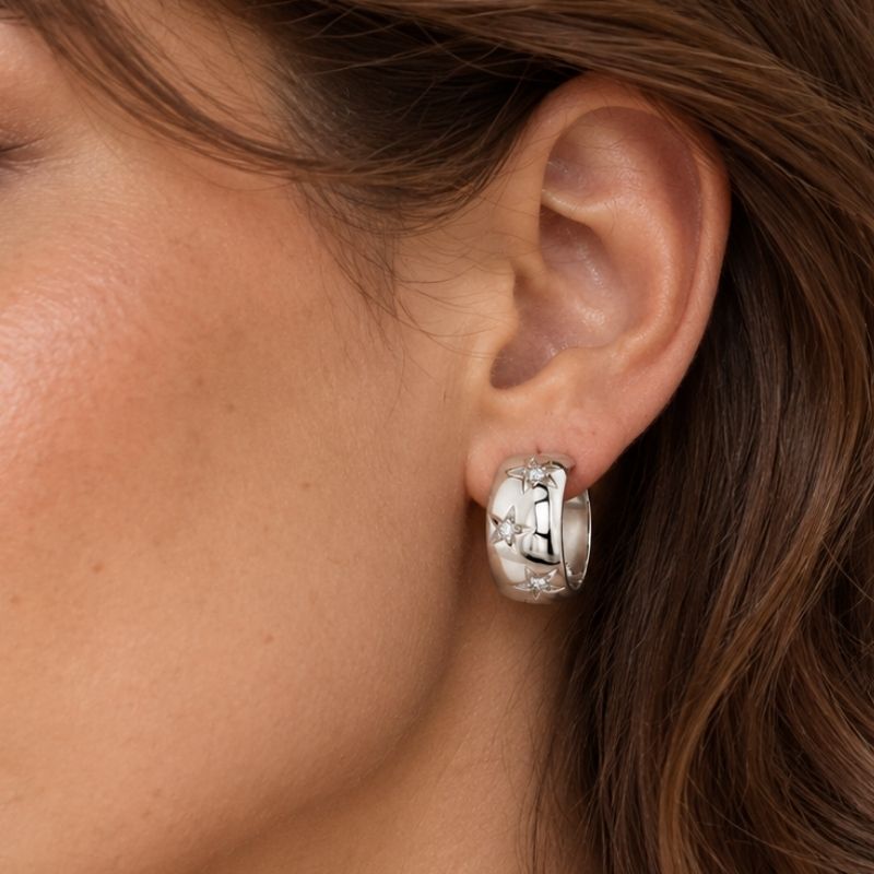 Boucle D’oreille Anneau Femme Bombée Argentée À Étoiles