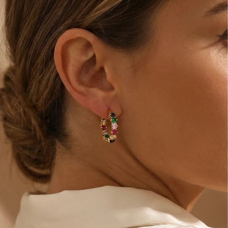 Boucle d'Oreille Anneau Femme Créole Multicolore Dorée - Acier Inoxydable