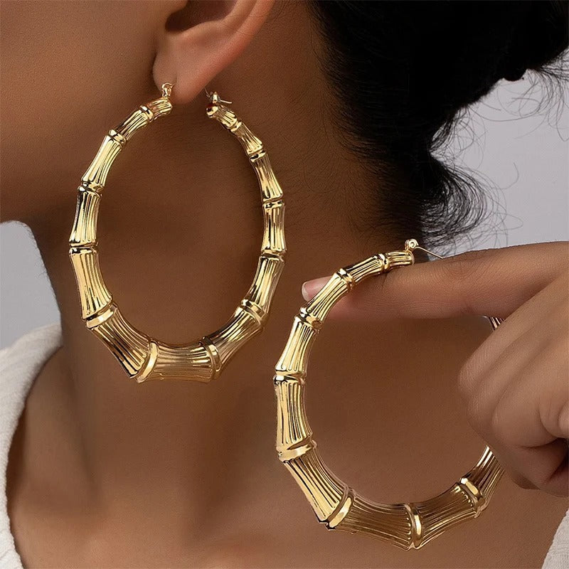 Boucle D'oreille Anneau Femme Effet Bambou Doré Image