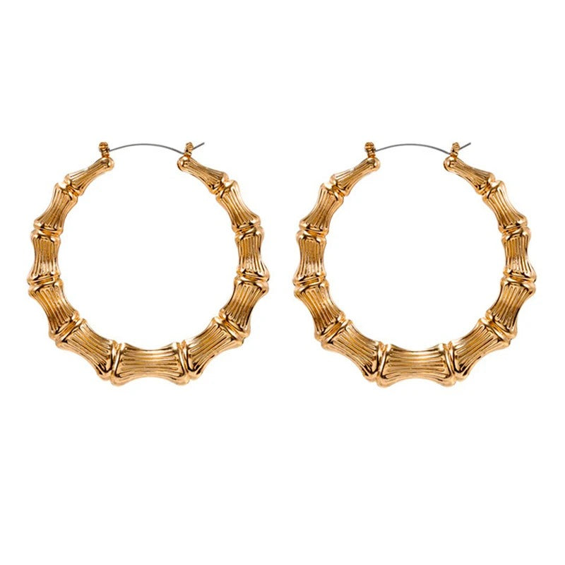 Boucle D'oreille Anneau Femme Effet Bambou Doré
