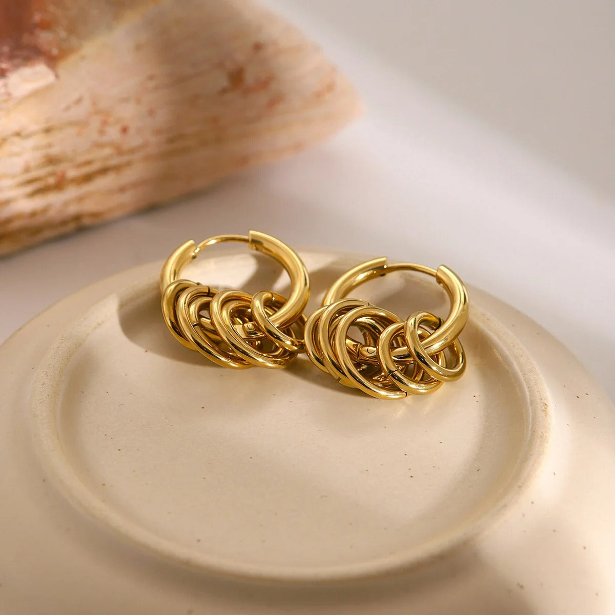 Boucle D'oreille Anneau Femme Multi-Cercles Dorés