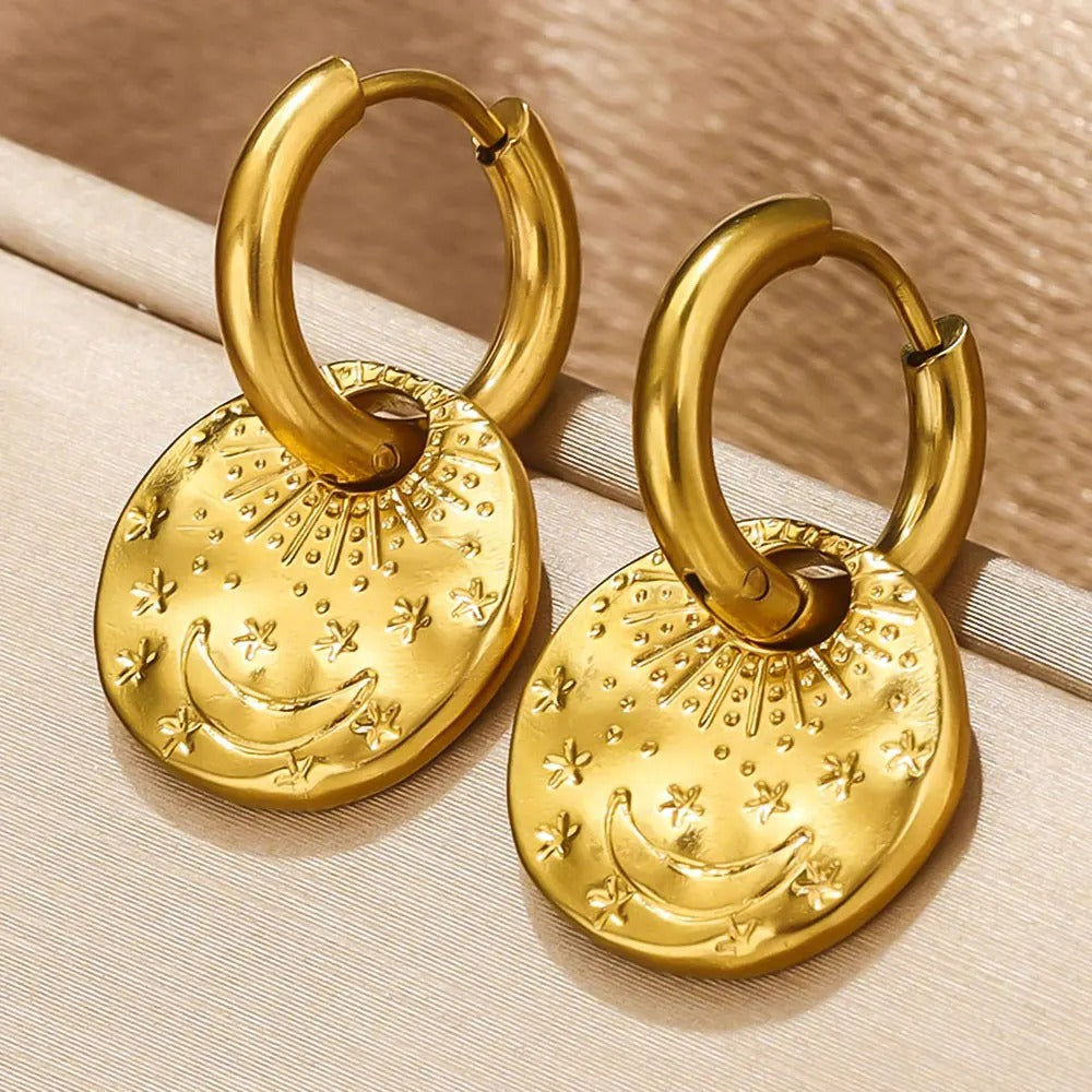Boucle D’Oreille Anneau Médaille Lune - Acier Inoxydable