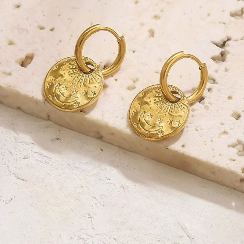 Boucle D’Oreille Anneau Médaille Lune - Acier Inoxydable