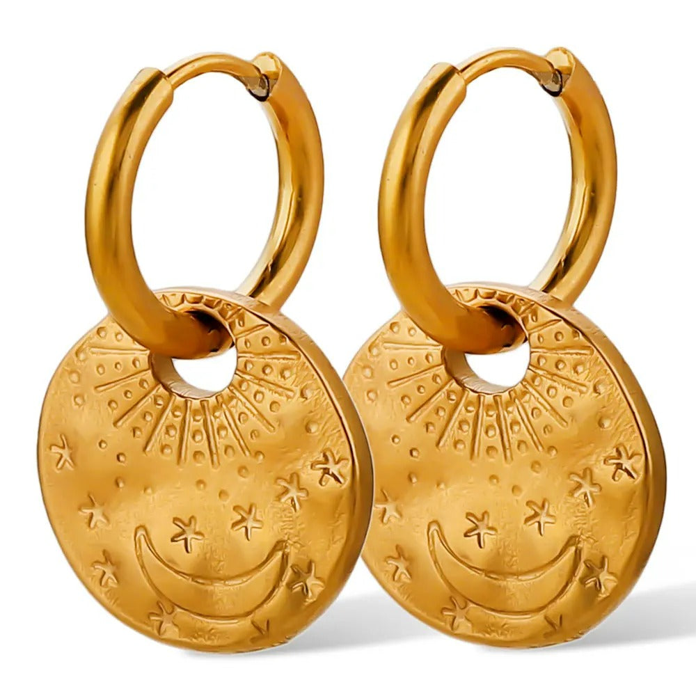 Boucle D’Oreille Anneau Médaille Lune - Acier Inoxydable