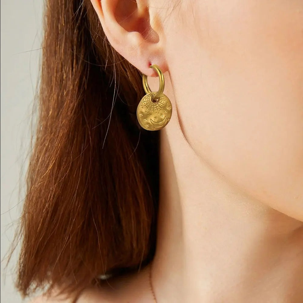 Boucle D’Oreille Anneau Médaille Lune - Acier Inoxydable