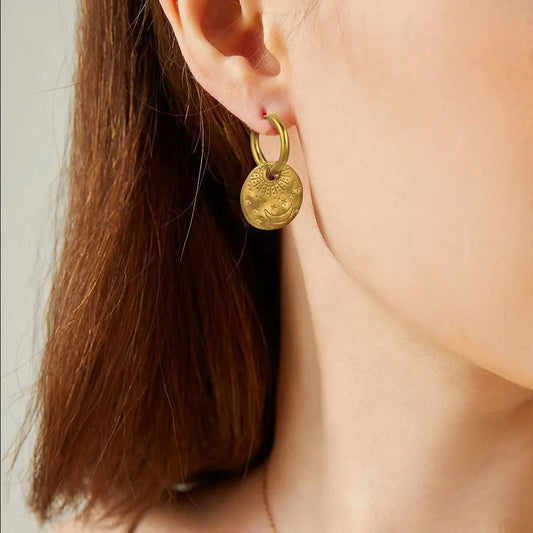 Boucle D’Oreille Anneau Médaille Lune - Acier Inoxydable