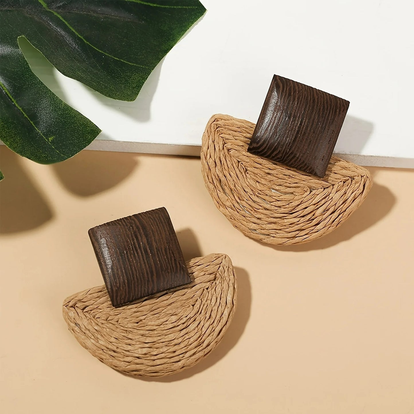 Boucle D'Oreille En Bois Carré Et Demi-Lune