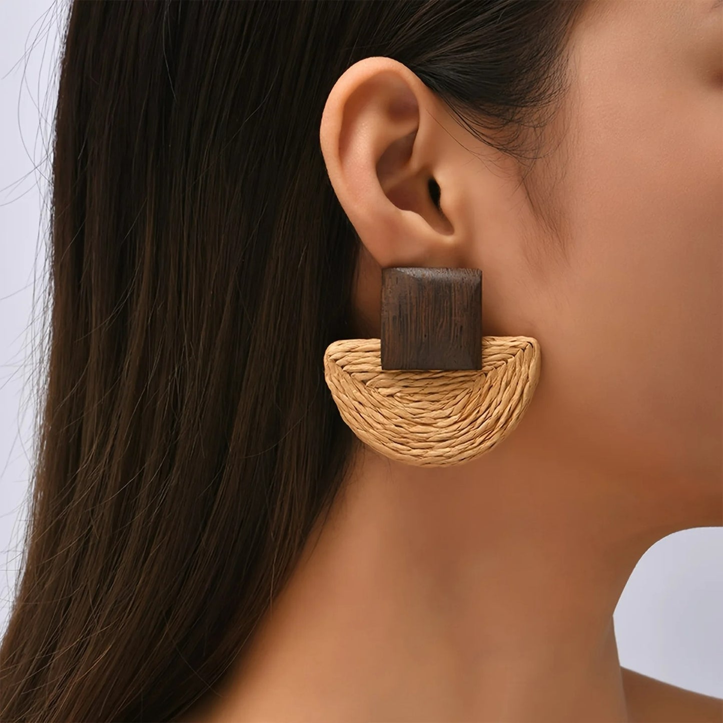Boucle D'Oreille En Bois Carré Et Demi-Lune