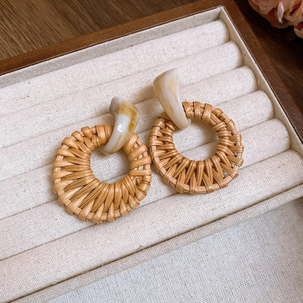 Boucle D'Oreille En Bois Tressé Cercle et Résine
