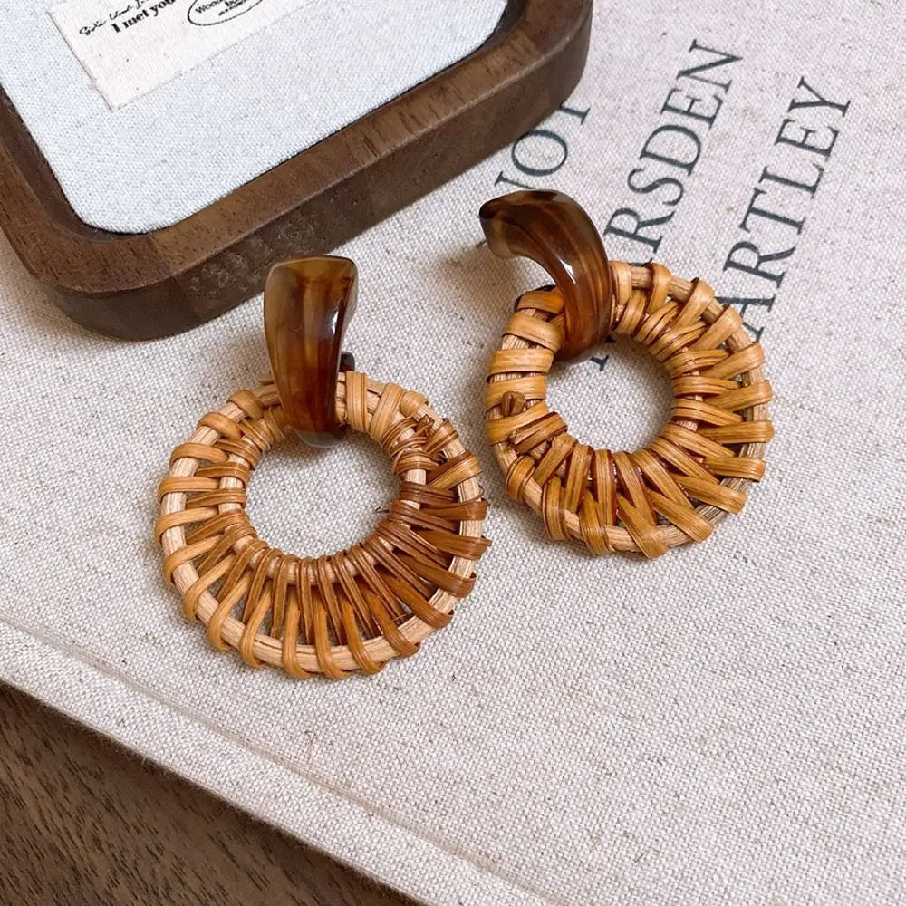 Boucle D'Oreille En Bois Tressé Cercle et Résine