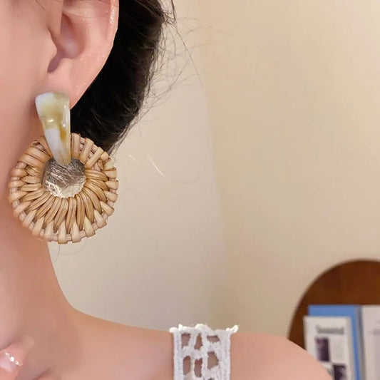 Boucle D'Oreille En Bois Tressé Cercle et Résine