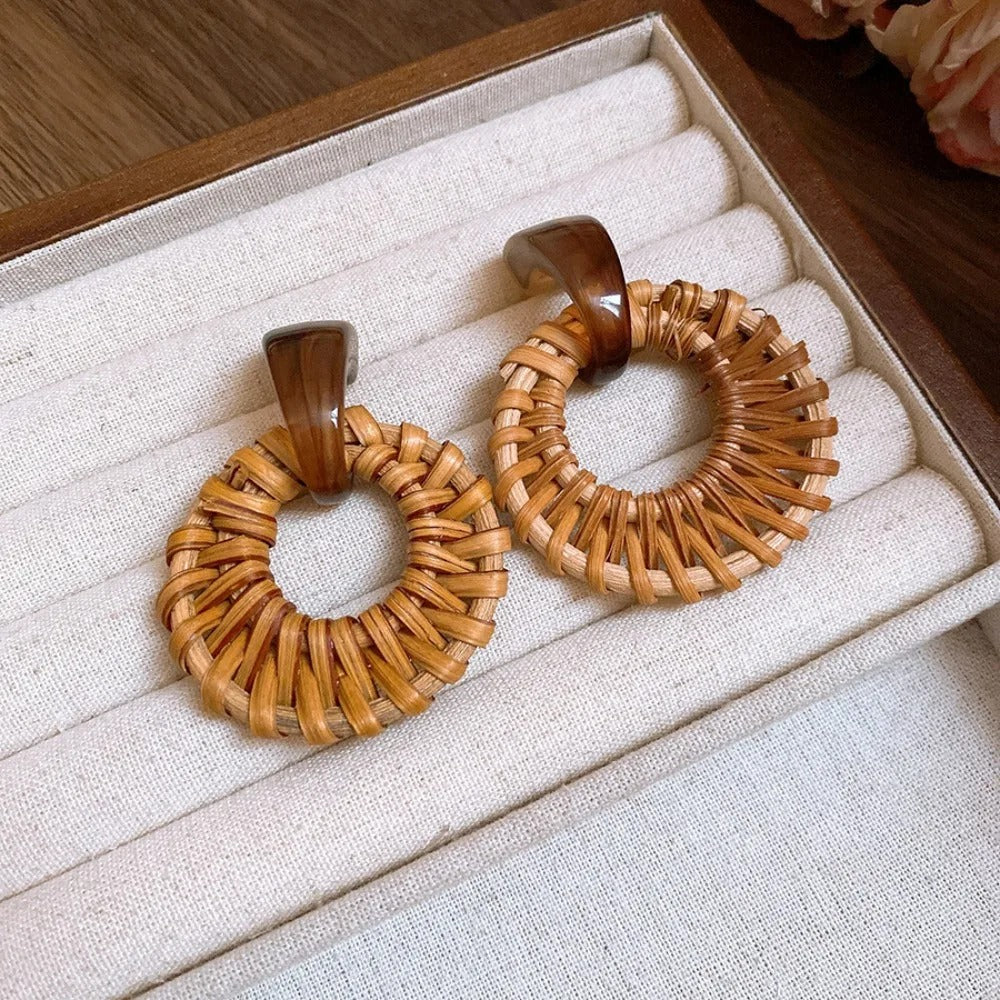 Boucle D'Oreille En Bois Tressé Cercle et Résine