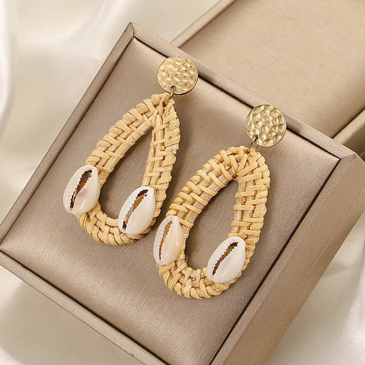 Boucle D'Oreille En Bois Tressé et Coquillages