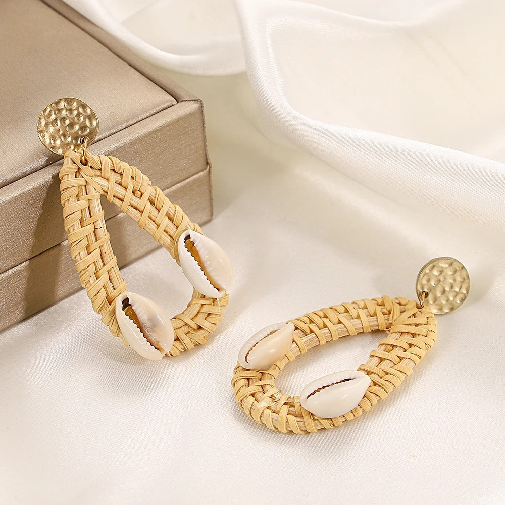 Boucle D'Oreille En Bois Tressé et Coquillages