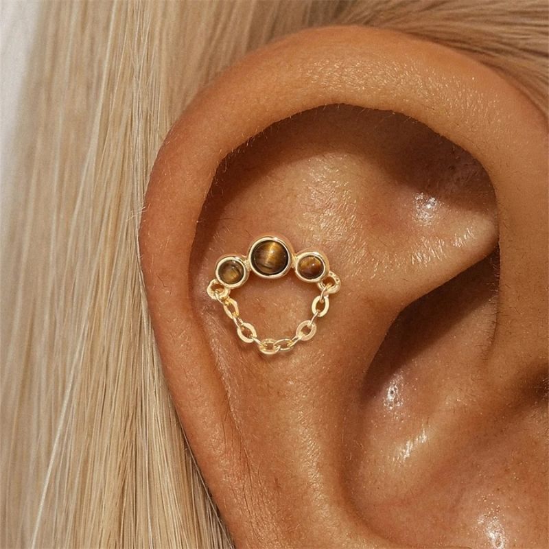 Boucle D'oreille Cartilage Chaîne Trois Perles Marron