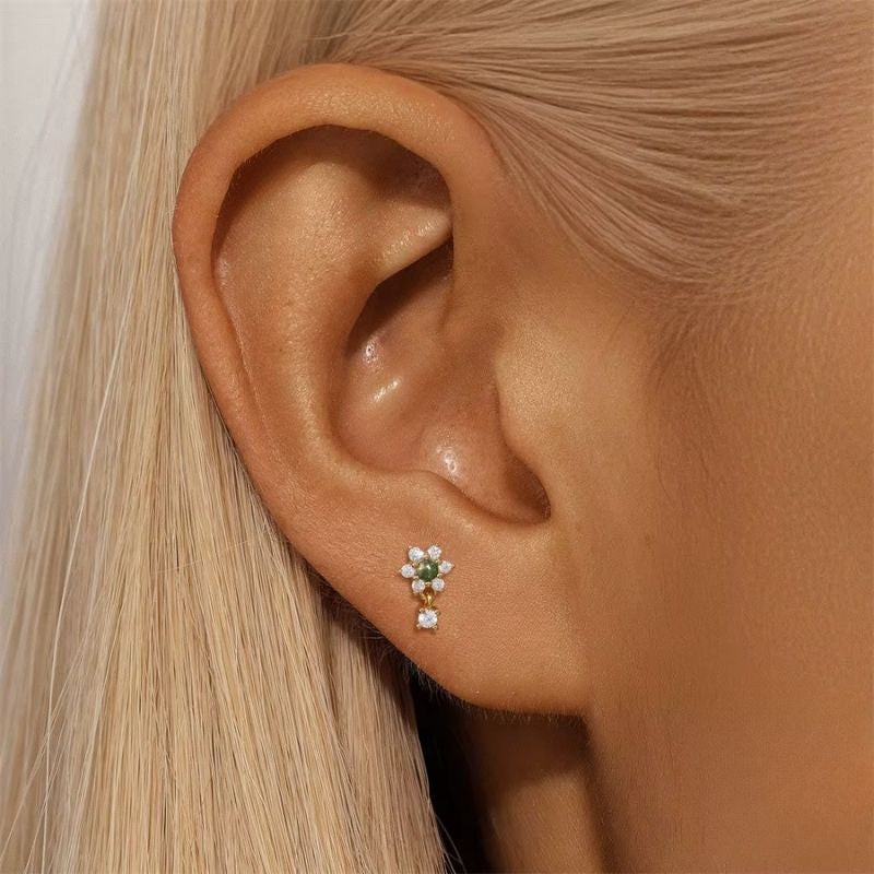 Boucle D'oreille Cartilage Fleur Pierre Verte