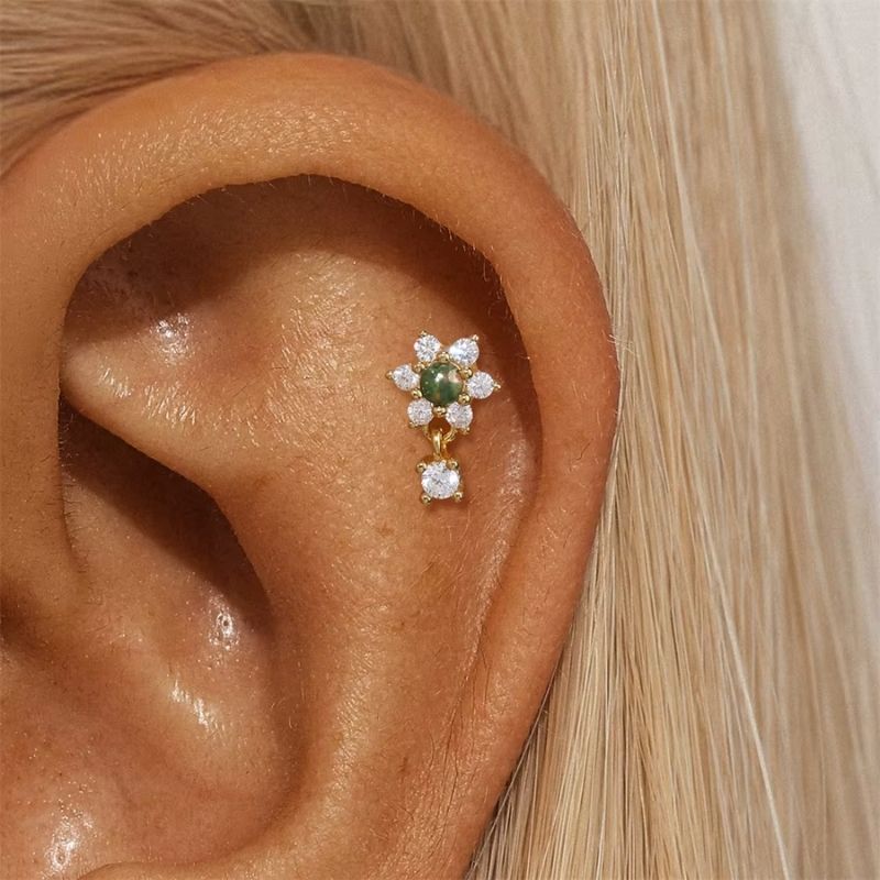 Boucle D'oreille Cartilage Fleur Pierre Verte