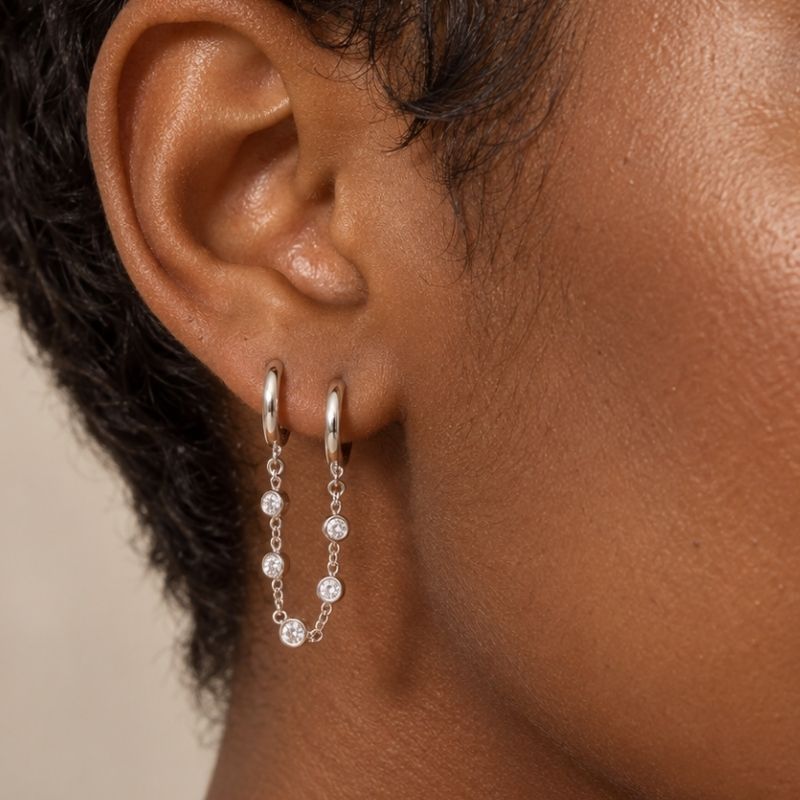Boucle D’oreille Chaine 2 Trous Argentée Guirlande De Pierres