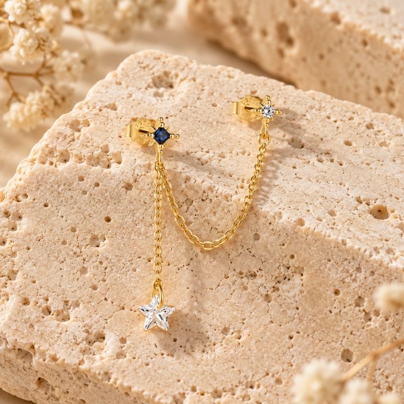 Boucle D'Oreille Chaine 2 Trous Bleu Nuit Et Zircon