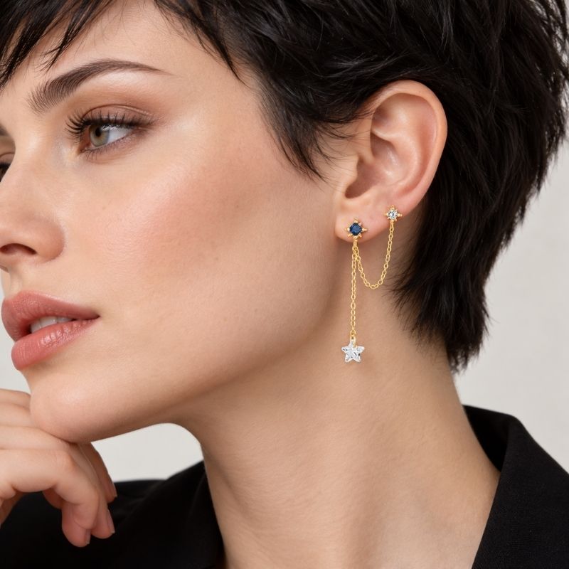 Boucle D'Oreille Chaine 2 Trous Bleu Nuit Et Zircon