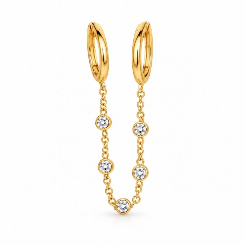 Boucle D’oreille Chaine 2 Trous Dorée À Cinq Pierres