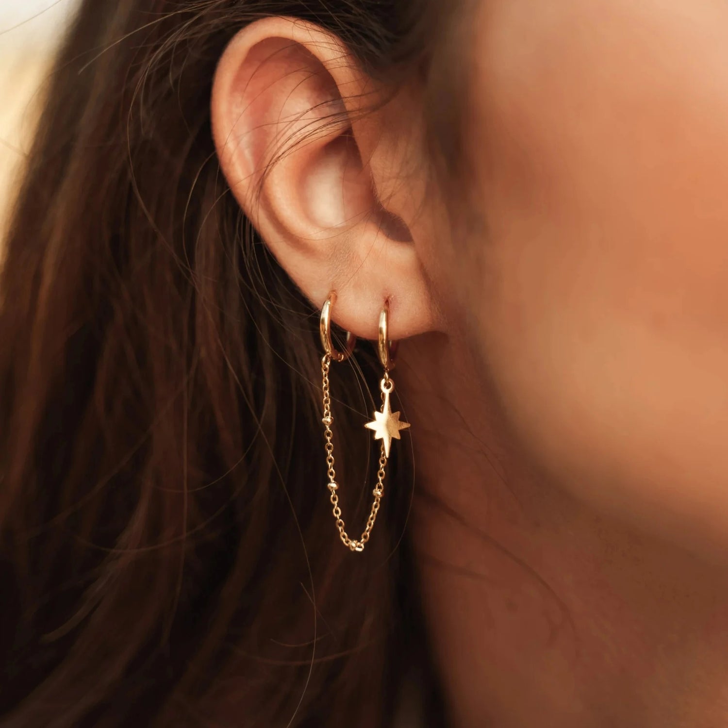 Boucle D'Oreille Chaine 2 Trous Étoile Acier inoxydable