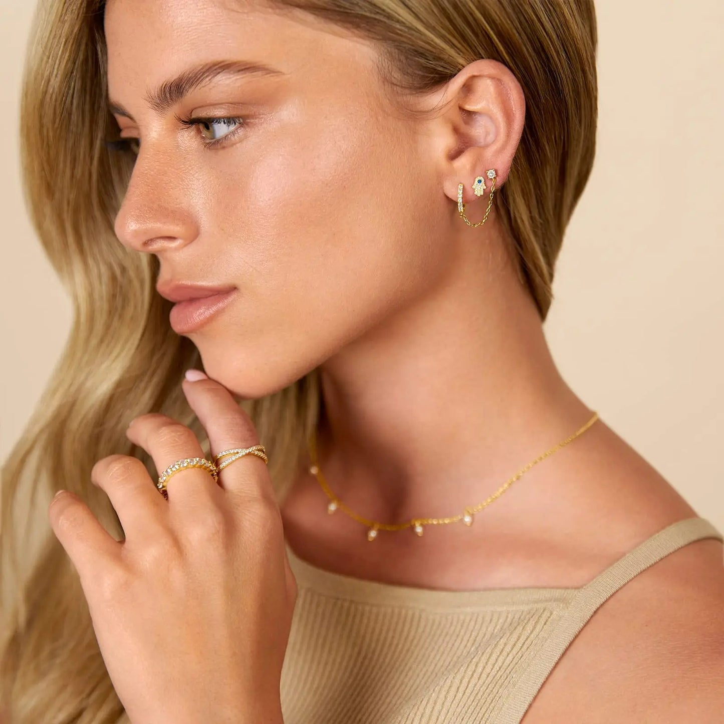 Boucle D'Oreille Chaine 2 Trous Dorée Zircon