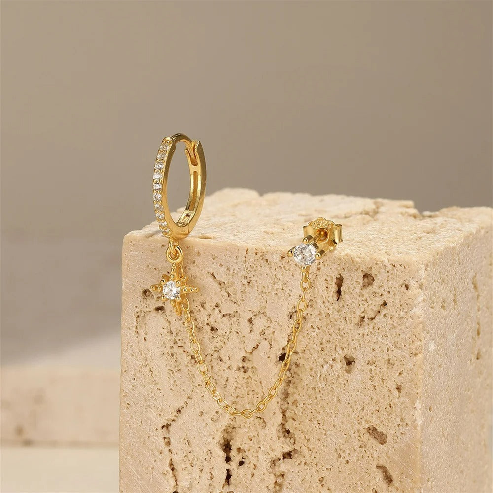 Boucle D'oreille Chaine 2 Trous Étoile Dorée Anneau - Acier Inoxydable