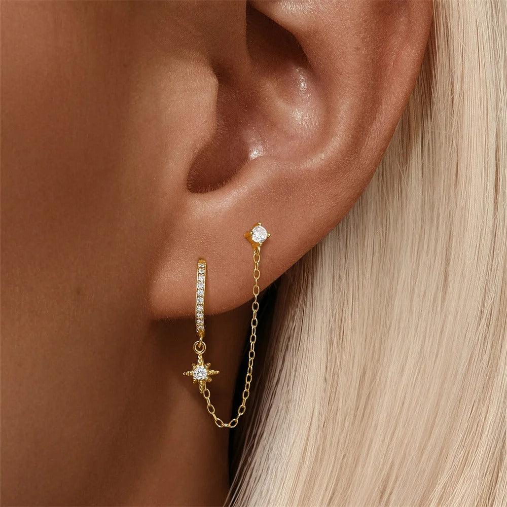 Boucle D'oreille Chaine 2 Trous Étoile Dorée Anneau - Acier Inoxydable