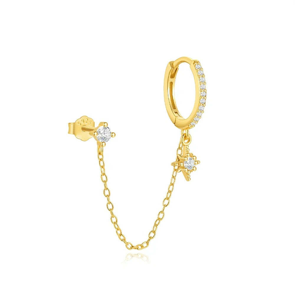 Boucle D'oreille Chaine 2 Trous Étoile Dorée Anneau - Acier Inoxydable