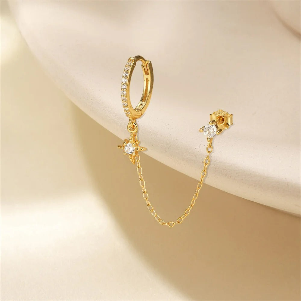 Boucle D'oreille Chaine 2 Trous Étoile Dorée Anneau - Acier Inoxydable
