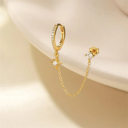 Boucle D'oreille Chaine 2 Trous Étoile Dorée Anneau - Acier Inoxydable