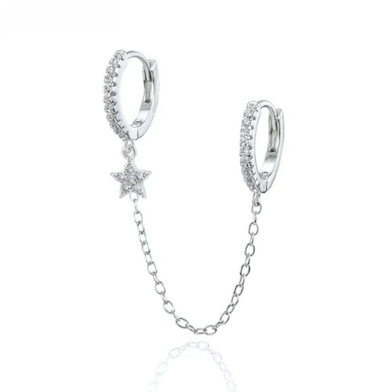 Boucle D'oreille Chaine 2 Trous Étoile Pendante