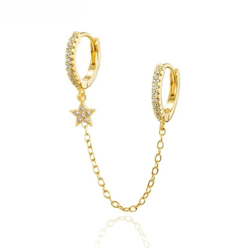 Boucle D'oreille Chaine 2 Trous Étoile Pendante
