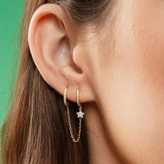 Boucle D'oreille Chaine 2 Trous Étoile Pendante