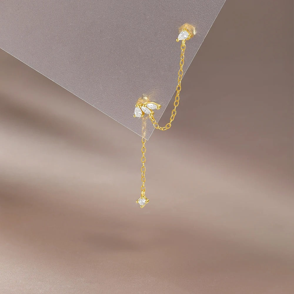 Boucle D'oreille Chaine 2 Trous Feuilles Dorées - Argent