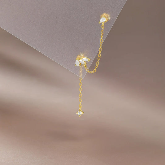 Boucle D'oreille Chaine 2 Trous Feuilles Dorées - Argent