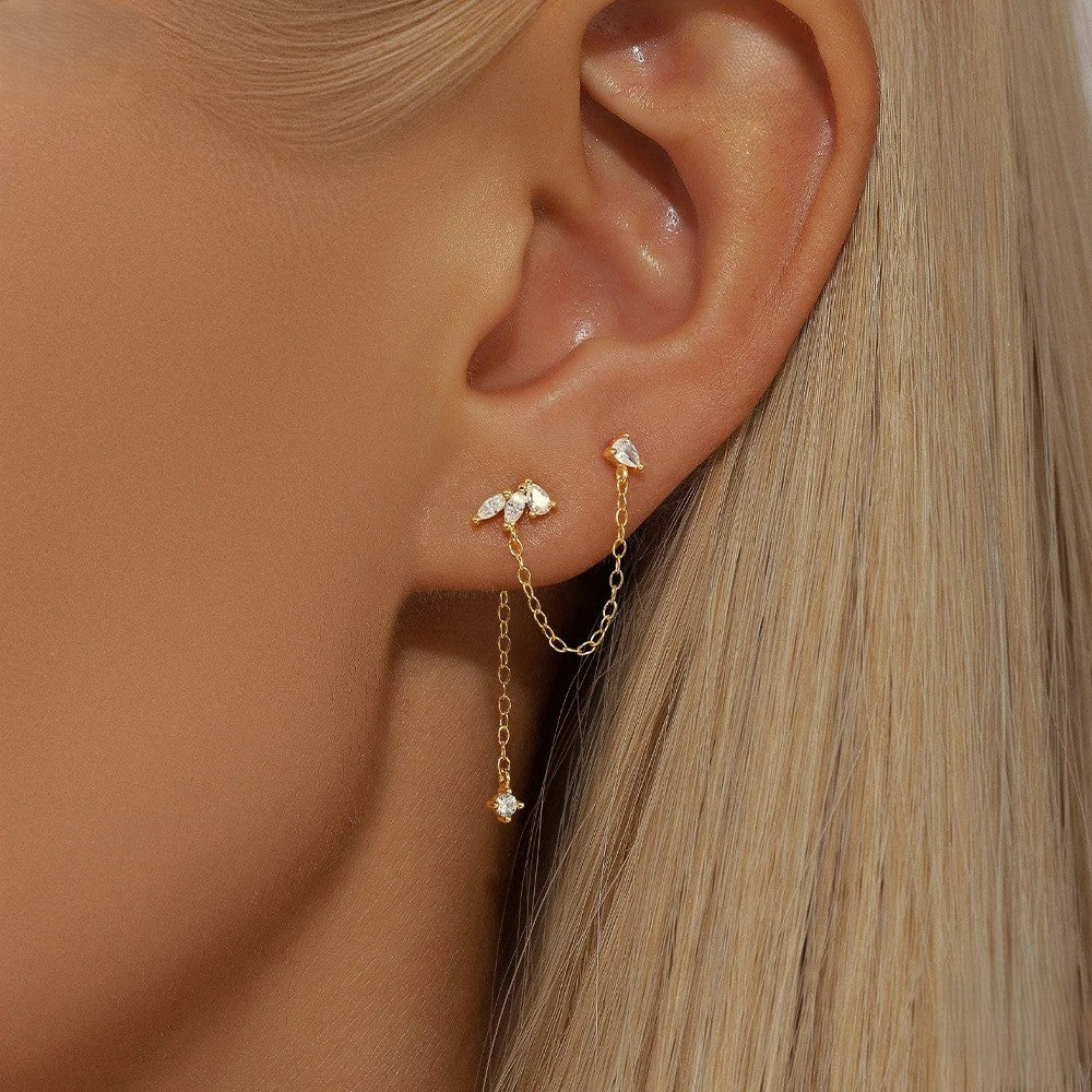 Boucle D'oreille Chaine 2 Trous Feuilles Dorées - Argent