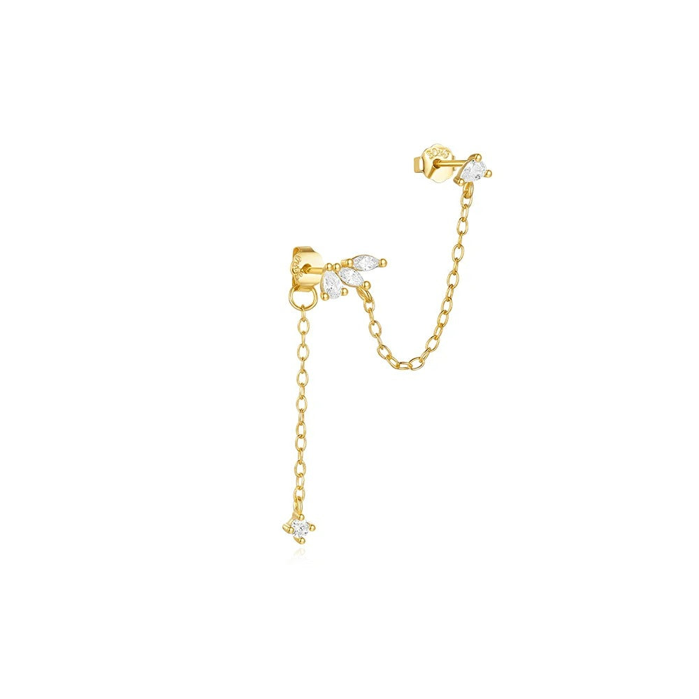 Boucle D'oreille Chaine 2 Trous Feuilles Dorées - Argent