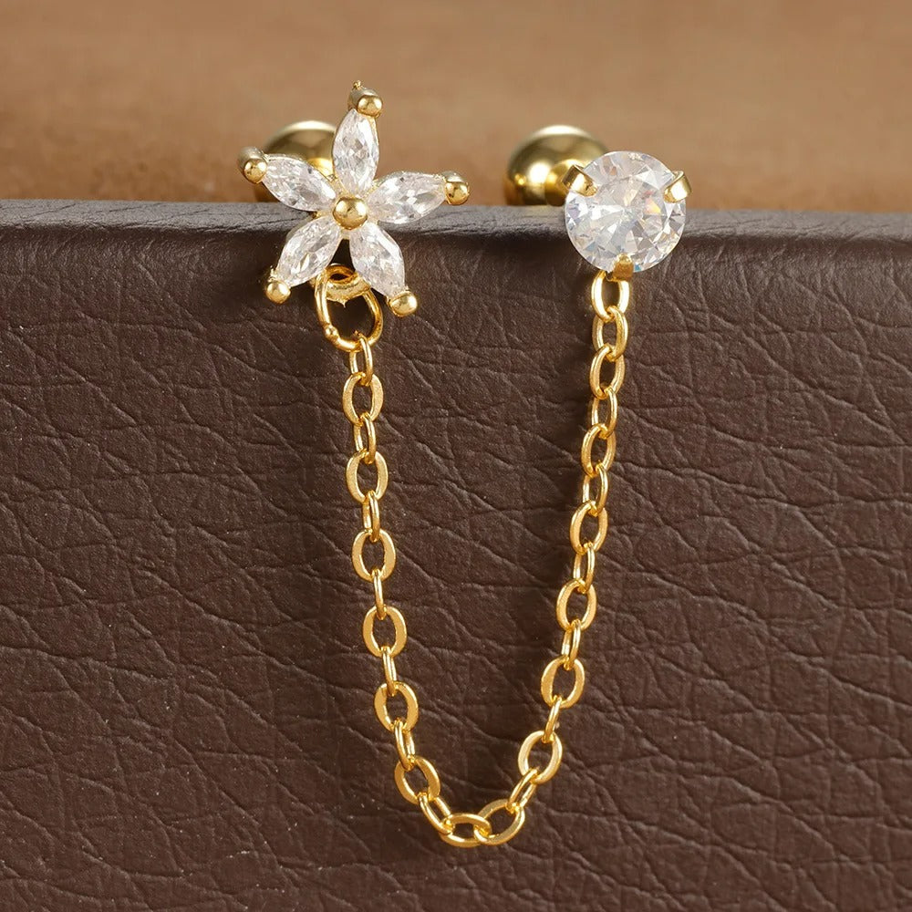 Boucle D'Oreille Chaine 2 Trous Fleur Acier Inoxydable