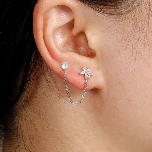 Boucle D'Oreille Chaine 2 Trous Fleur Acier Inoxydable