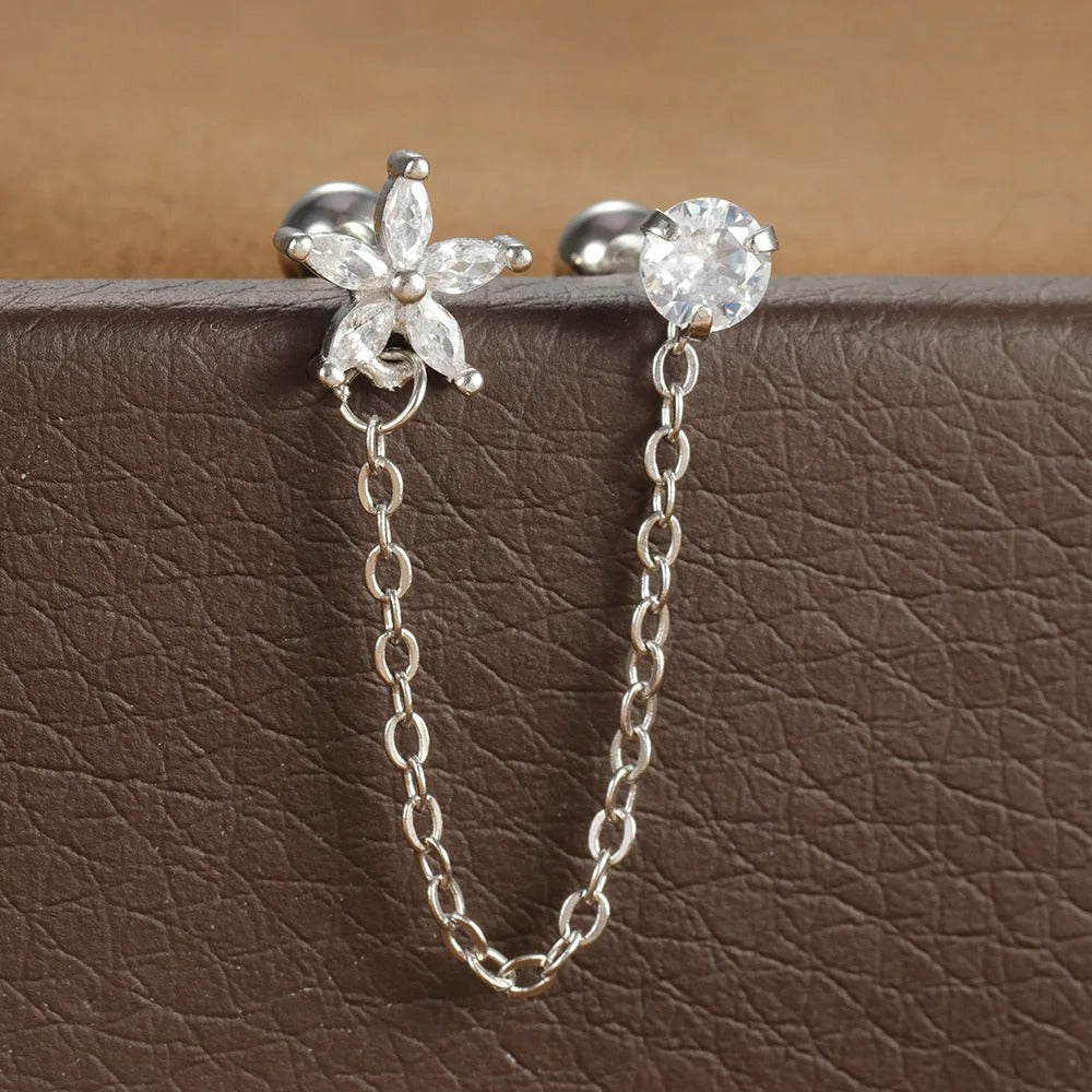 Boucle D'Oreille Chaine 2 Trous Fleur Acier Inoxydable