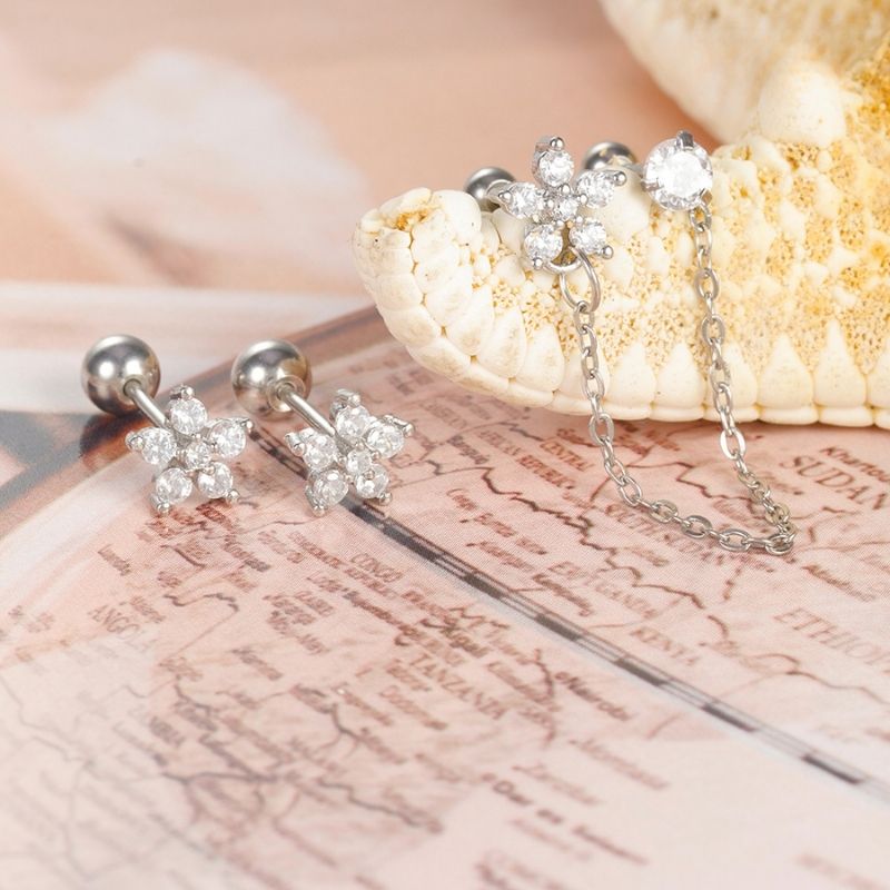 Boucle D'oreille Chaine 2 Trous Fleur Brillante Lot Doré - Acier inoxydable