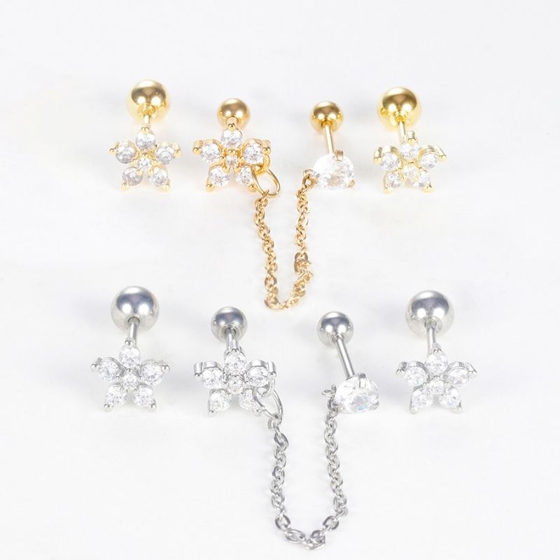 Boucle D'oreille Chaine 2 Trous Fleur Brillante Lot Doré - Acier inoxydable