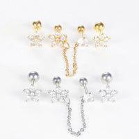 Boucle D'oreille Chaine 2 Trous Fleur Brillante Lot Doré - Acier inoxydable